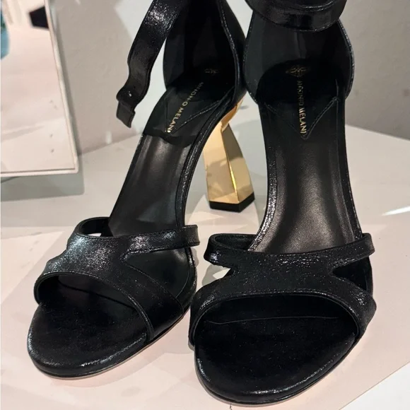 ANTONIO MELANI Black Heels with Gold Accent - Picture 1 of 9
